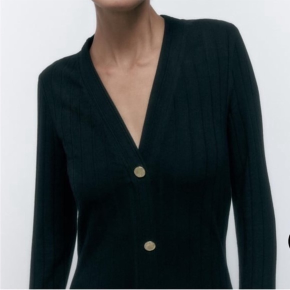 BARELY WORN - ZARA BLACK RIBBED DRESS WITH GOLD BUTTONS - Picture 2 of 9